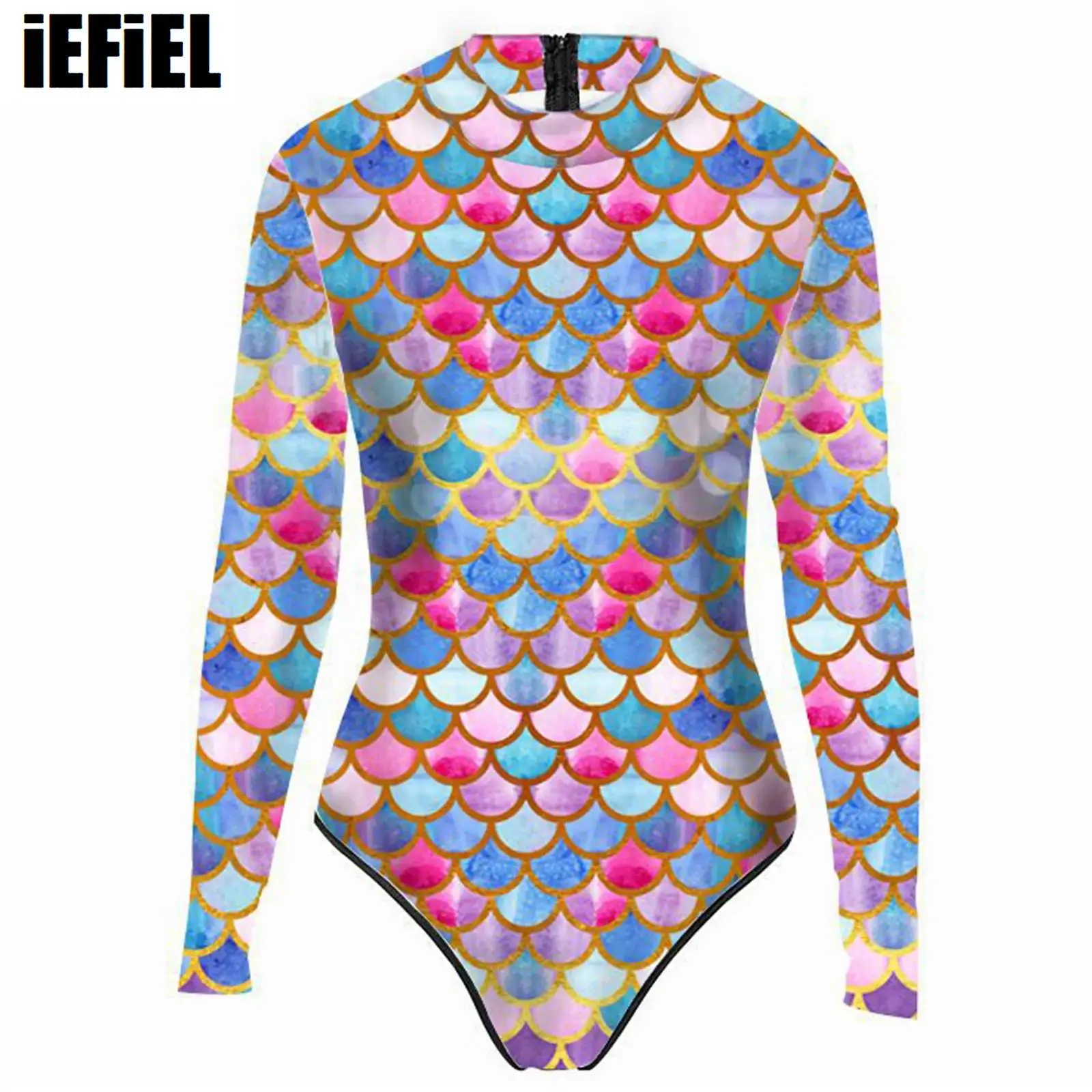 

Women Mermaid Fish Scale Print Swimsuit One-piece Bathing Suit Long Sleeve Pool Party Beachwear Surfing Diving Swimwear