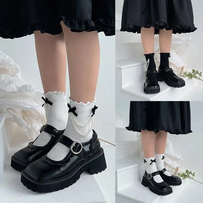 

L38E женские кавайные короткие носки до щиколотки в готическом стиле Лолиты с бантом и жемчужной цепочкой, чулочно-носочные с