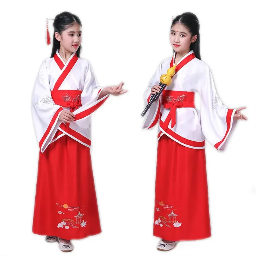 Vestido tradicional hanfu chinês para crianças, conjunto de roupas para festivais antigos, manga comprida, vestido de dança folclórica para menino e menina