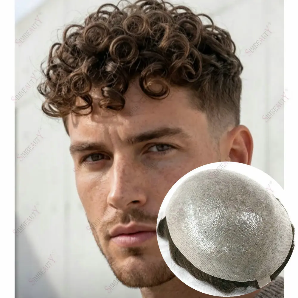 20mm Curly Toupee for Men Human Hair Wigs Natural Hairline0.06mm Thin Skin Base Durable Vlooped Prosthesis Capillary Hair System