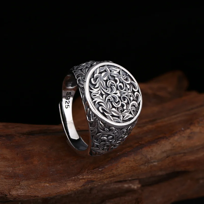 BOCAI S925 Sterling Silver Jewelry Vintage Fashion Tang Grass Pattern Ring Men's Selected Gift