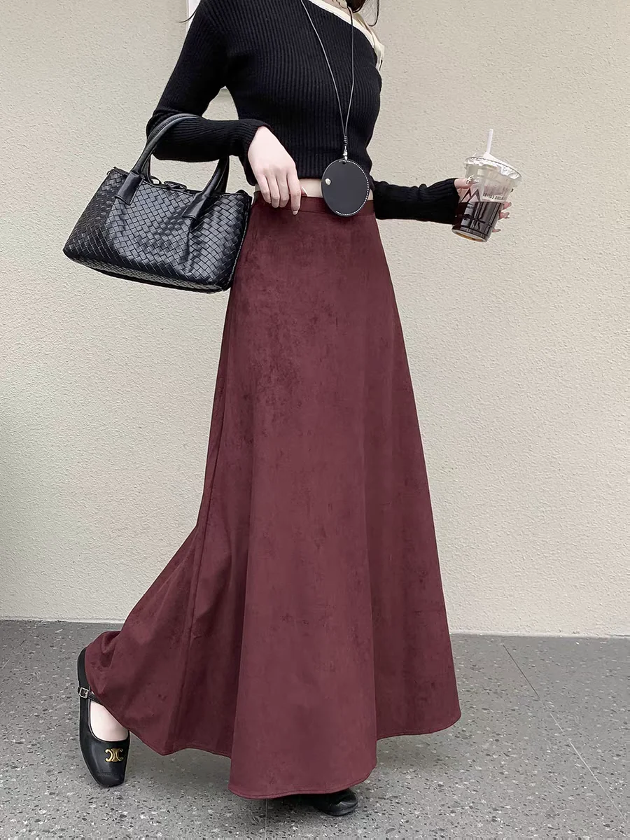 Effortless Elegance: 2025 Faux Suede High Waist A-Line Skirt Women Flowy Maxi Length Skirt with Flared Hem