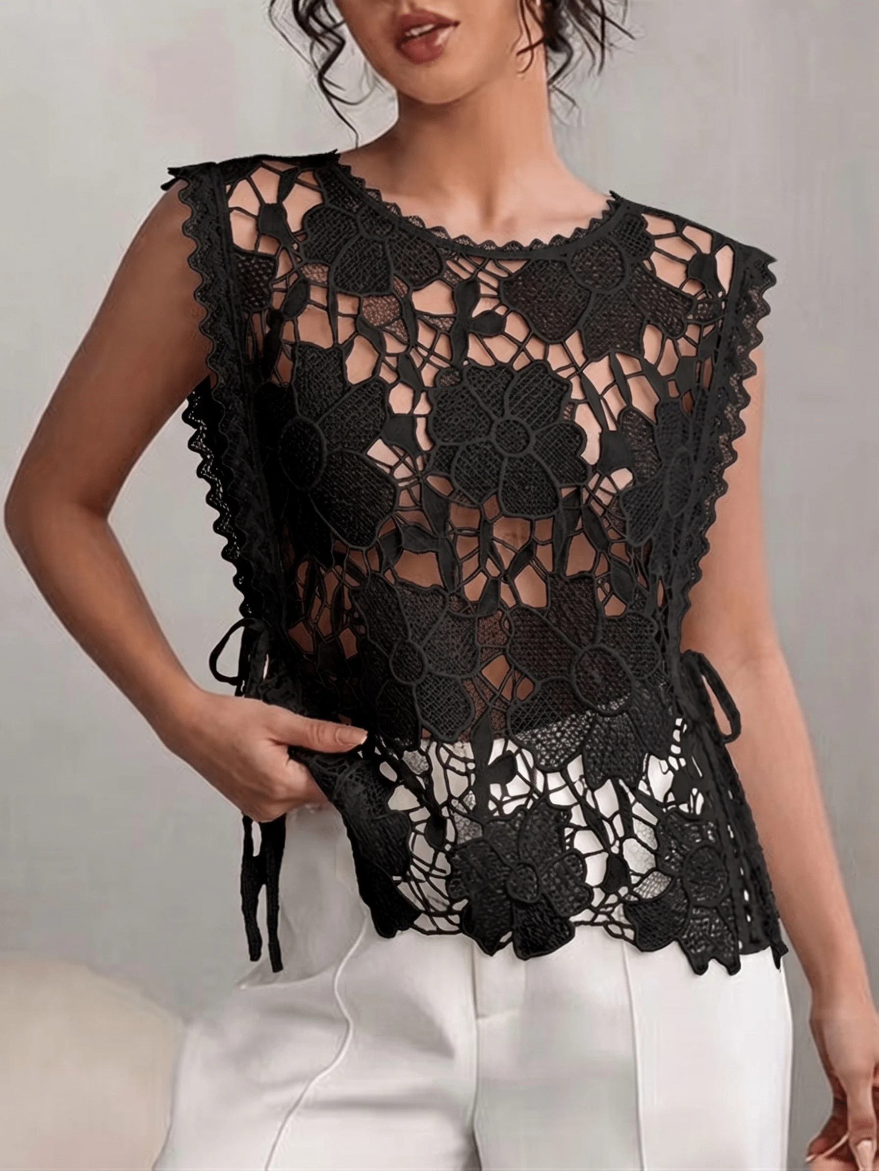 Women Floral Crochet Lace Sleeveless Top, Hollow Out See Through Side Drawstring Summer Vest