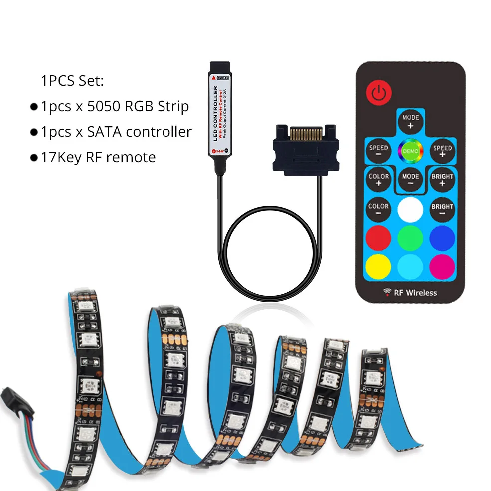 DC 12V SATA RGB 5050 LED Strip Light For Led PC Case Computer rgb Ribbon Tape 1M 2M,17Key RF LED Controller Flexible Strip Light