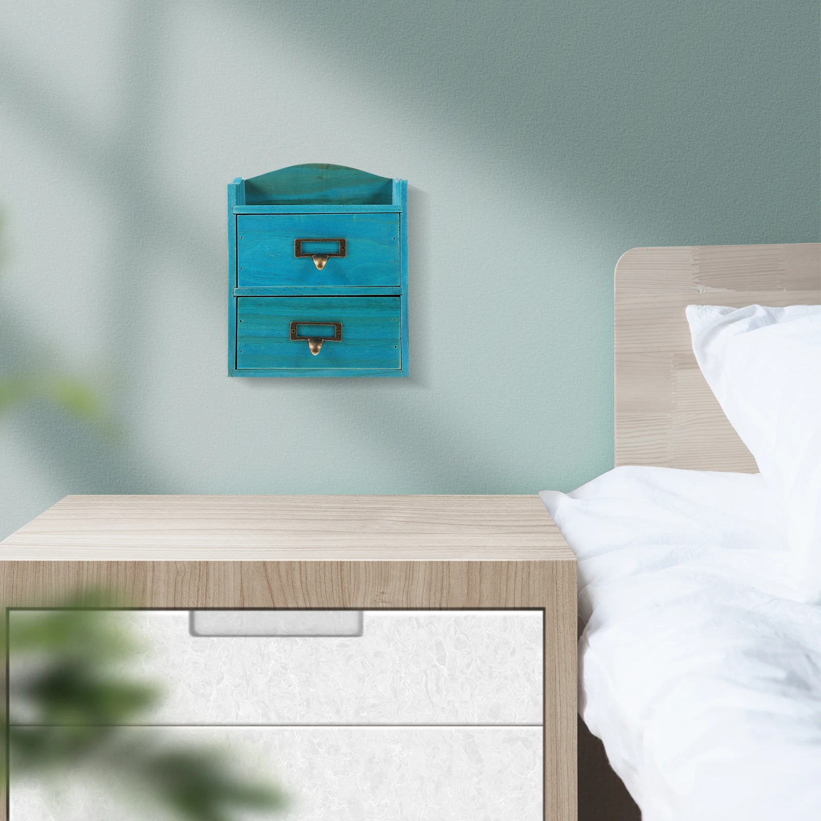 

Solid Wood Storage Box Retro Mini Desk ganizer 2 Round Drawers Blue Color Jewelry Cosmetics Desktop Tidy Countertop Storage Box