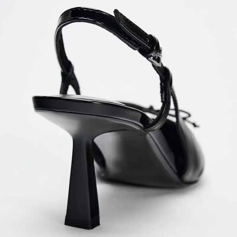 TRAF, zapatos de tacón alto con lazo de cuero negro para mujer, zapatos de tacón sexis con punta en pico, sandalias elegantes de tacón alto para fiesta para mujer 2024