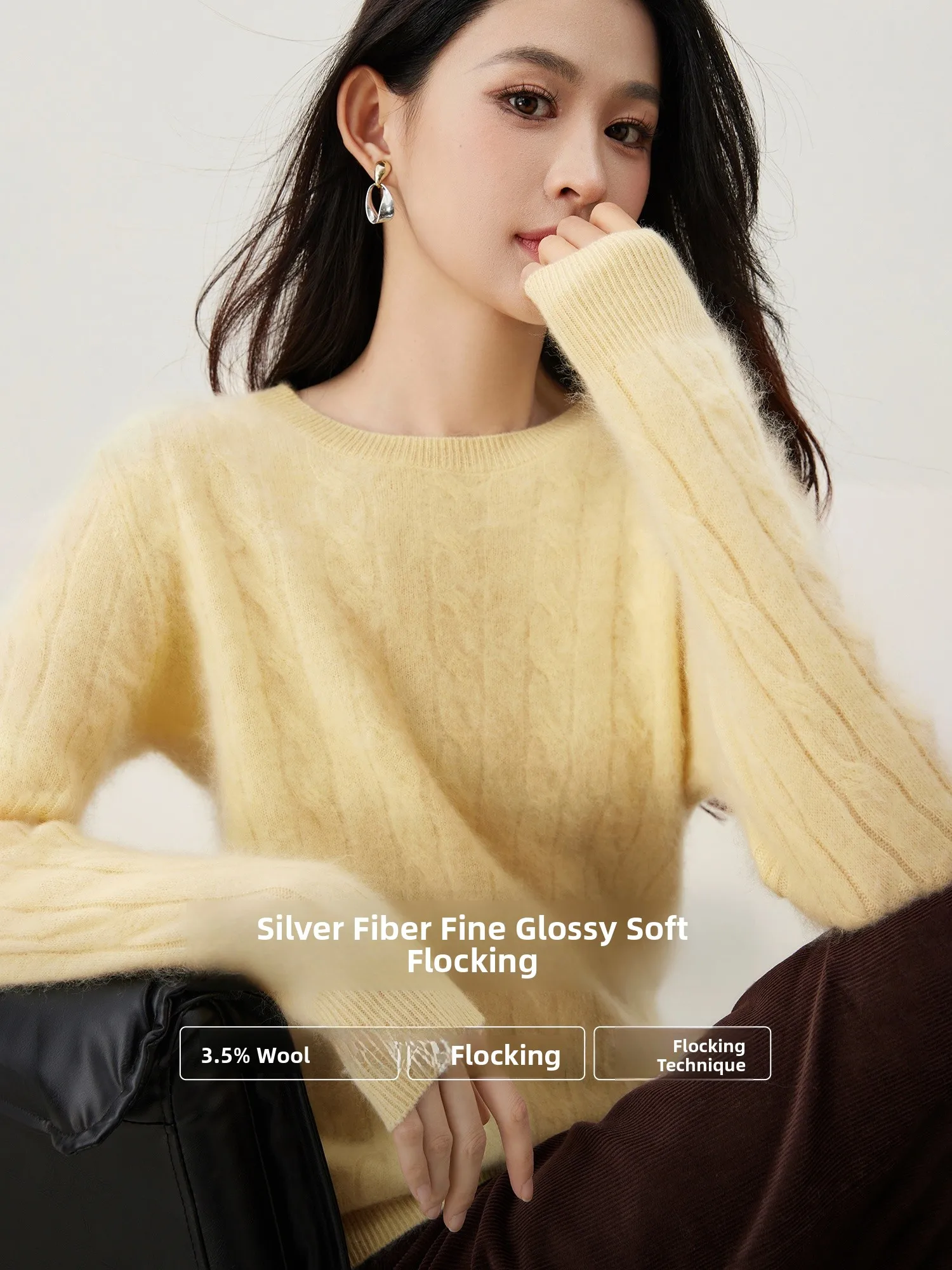 

Healing Fce Ne Knitted Sweater Women's Casual round Ne Wool Camere Twist Flower Loose Top Ele Sle Long Sve