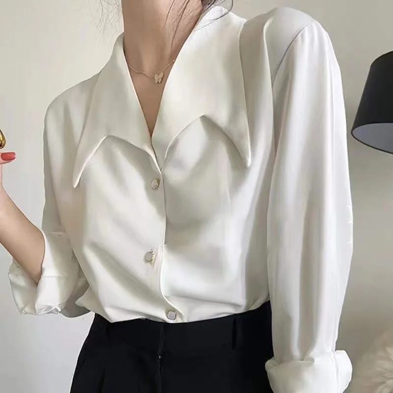 French Style Turn Down Collar Chiffon White Shirt Spring Professional Commuting Formal Tops Elegant Solid Color Blouse Blusas