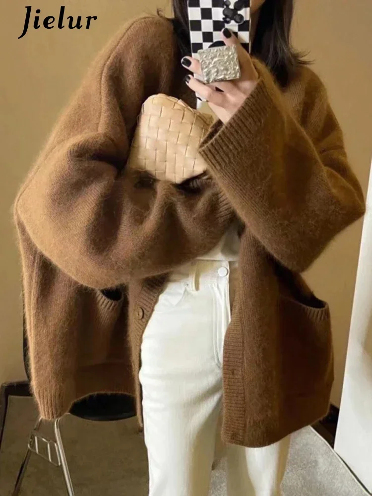 

Сплошной цвет, шикарный свободный повседневный женский кардиган с длинными рукавами, корейский милый вязаный модный однобортный простой женский кардиган