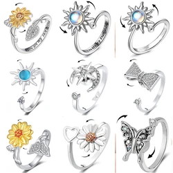 Sunflower Fidget Spinner Anxiety Knuckle Rings For Women Anti Stress Rotating Metal Copper Wedding Ring Party Jewelry Anillos