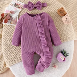 Autumn New Style For Girls And Babies, Cute Bow Printed Long-Sleeved Jumpsuit And Bow Headband Set