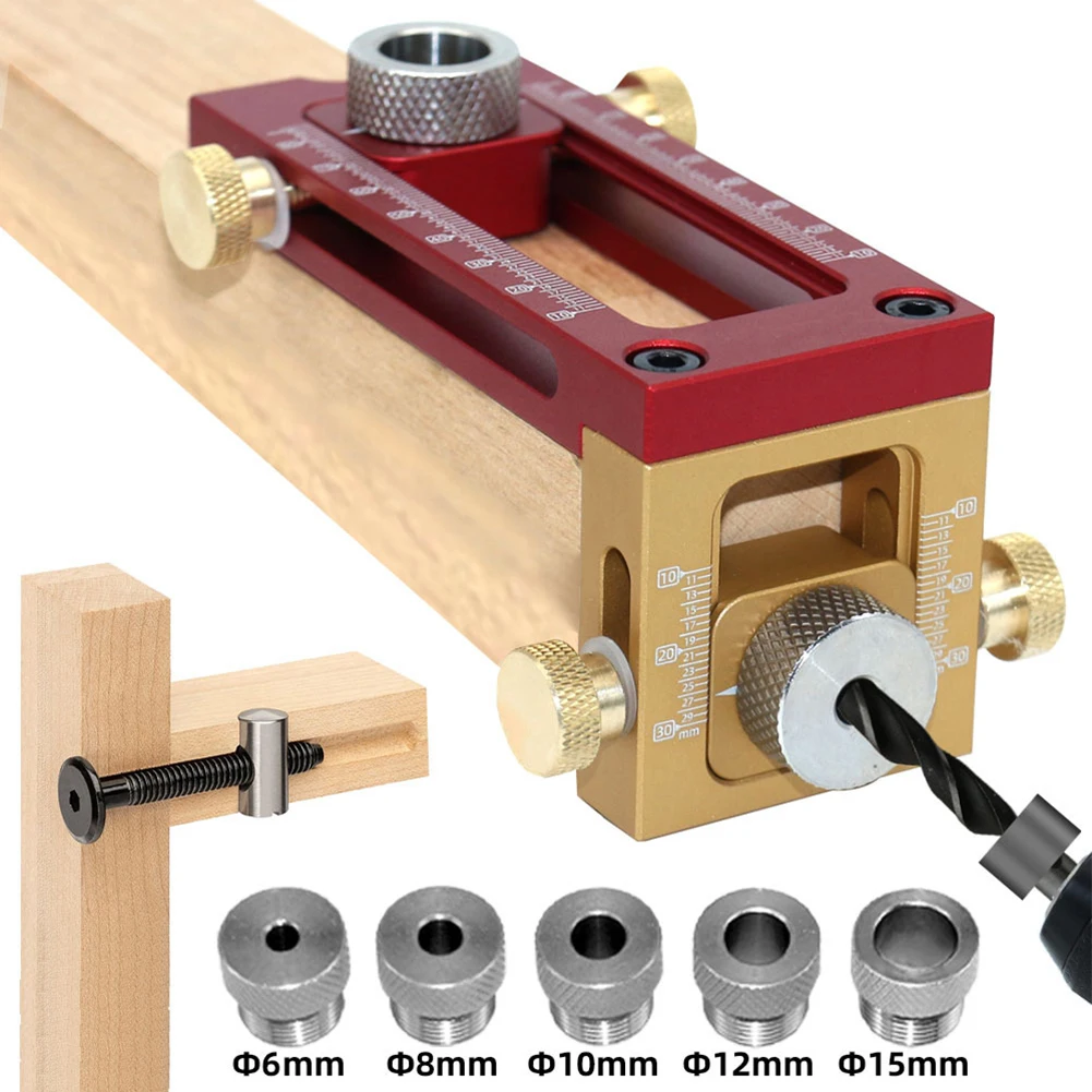 

Drill Guide Doweling Jig Anodized Treatment Cross Oblique Flat Head Screw Jig 4 Drill Sleeves Adjustable Height