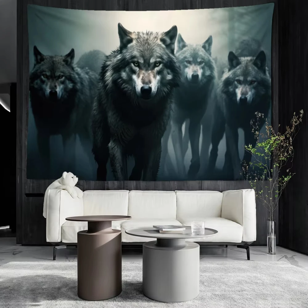 VIKAMA Wolves Wild Art Wandteppich, modernes Wohnzimmer, Sofa, Hintergrundwand, skandinavischer Stil, Waldwölfe, dekorativer Wandteppich