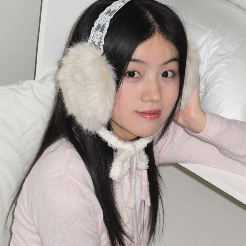 Cute Earmuffs lace Bow Plush  Winter Warm Folding Earmuffs Headwear Women Earplugs Cold Protection Hair Band Cover fu ear muffs
