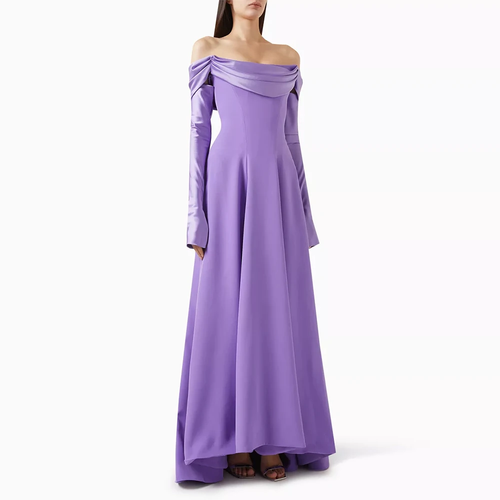 

Classic Dresses for Special Events Satin&Jersey A-line Prom Dress Taro Pur Off-the-shoulder Pleat Ruched Women Long Eveing Gown