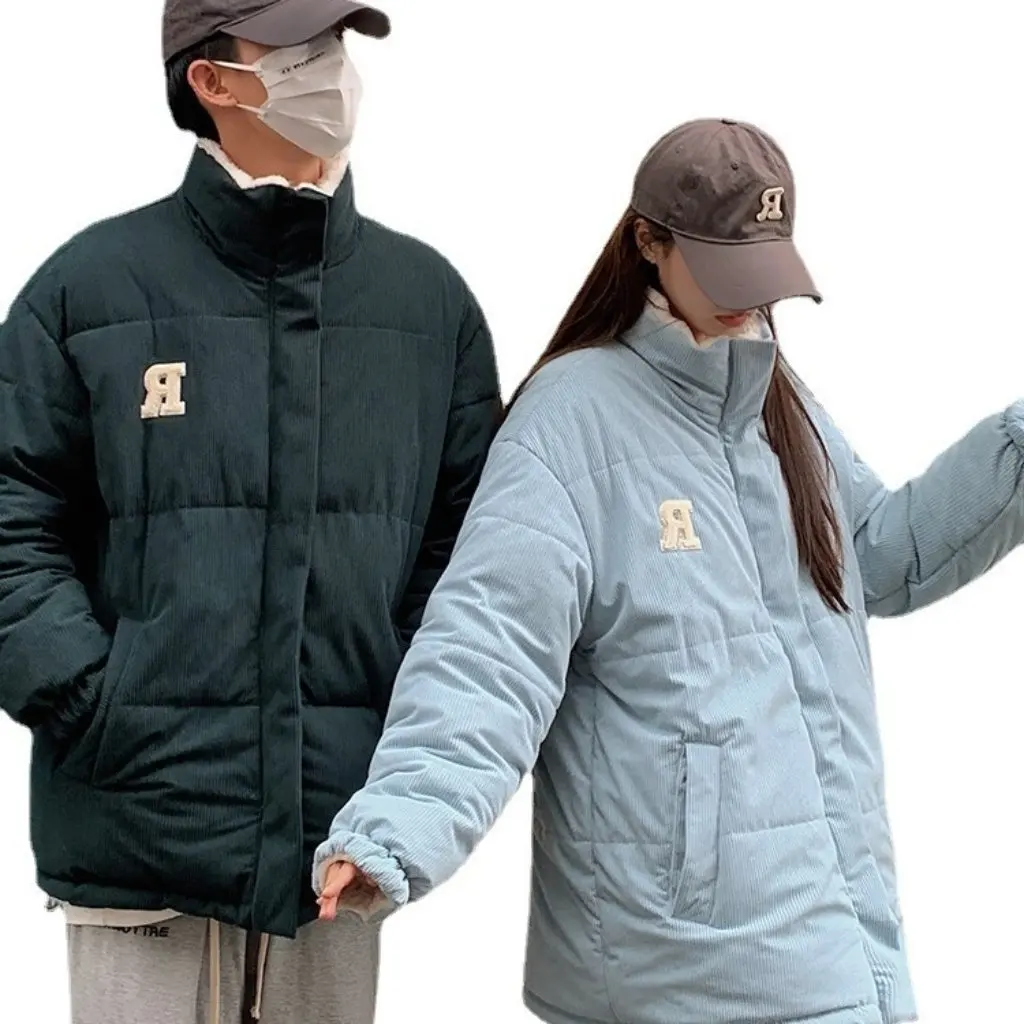 

Couple's Double-sided down Cotton-Padded Jacket Women's Korean-Style Loose Fit Autumn Winter Coat with Lamb Wool Fleece Lining