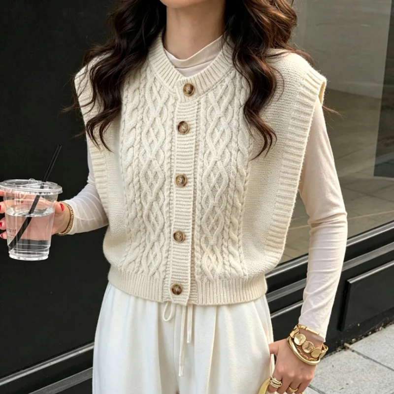 Fall Preppy Soft Waxy Cable Knit Vintage Vest, Round Neck Wood Button Sleeveless Knitted Cardigan, Layering Sweater Waistcoat
