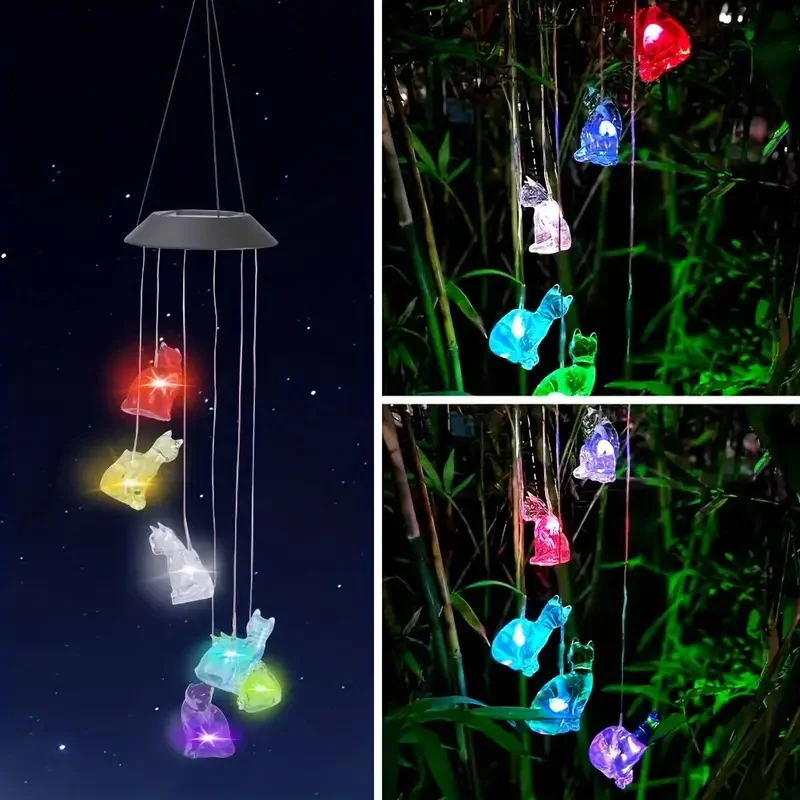 Cat Solar Wind Chimes for Outside, Color Changing Outdoor Wind Chimes Solar Powered Mobile Hanging WindChime for Window Decor