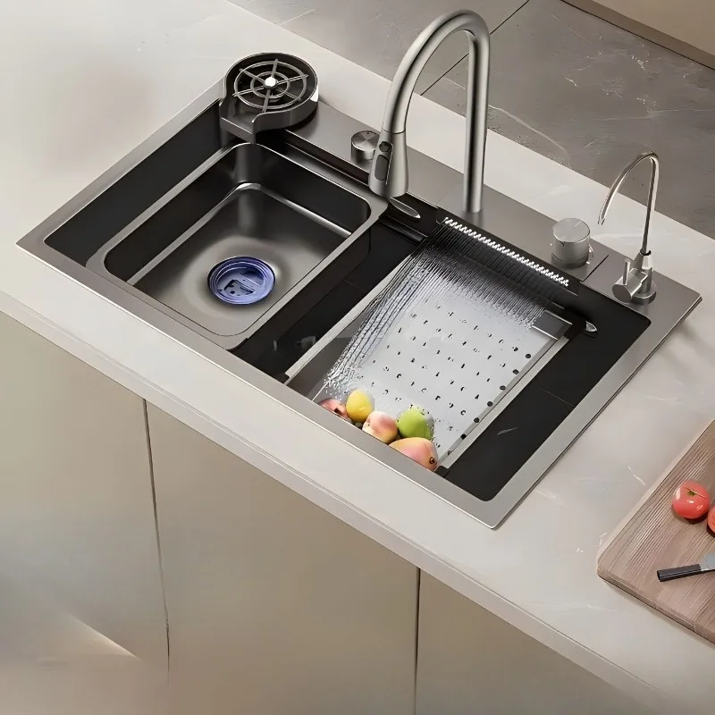 

304 Stainless Steel Single Bowl Kitchen Sink Nano Matte Waterfall Drainboard Thick Gauge Heavy Duty Multifunctional Dish Drainer