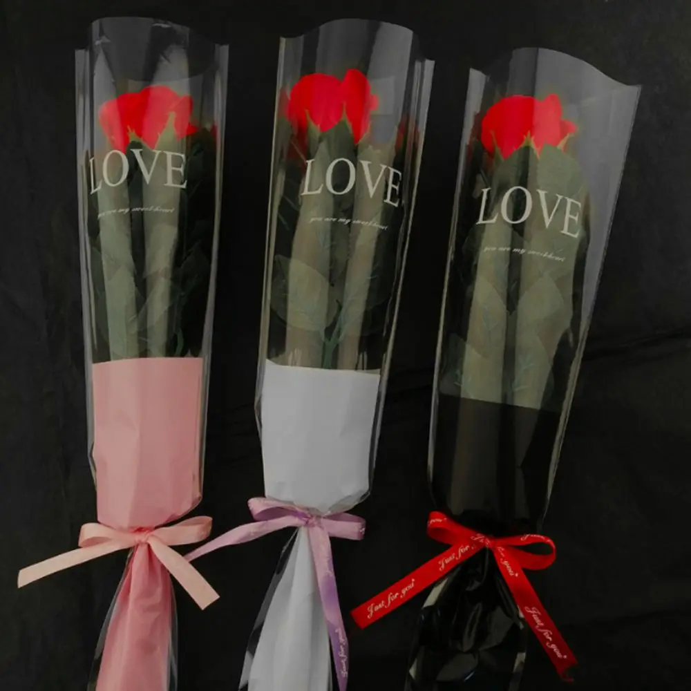 50Pcs DIY Love Flower Wrapping Bag Single Flower Transparent Single Rose Sleeves Waterproof Flower Packaging Bag Valentine's Day