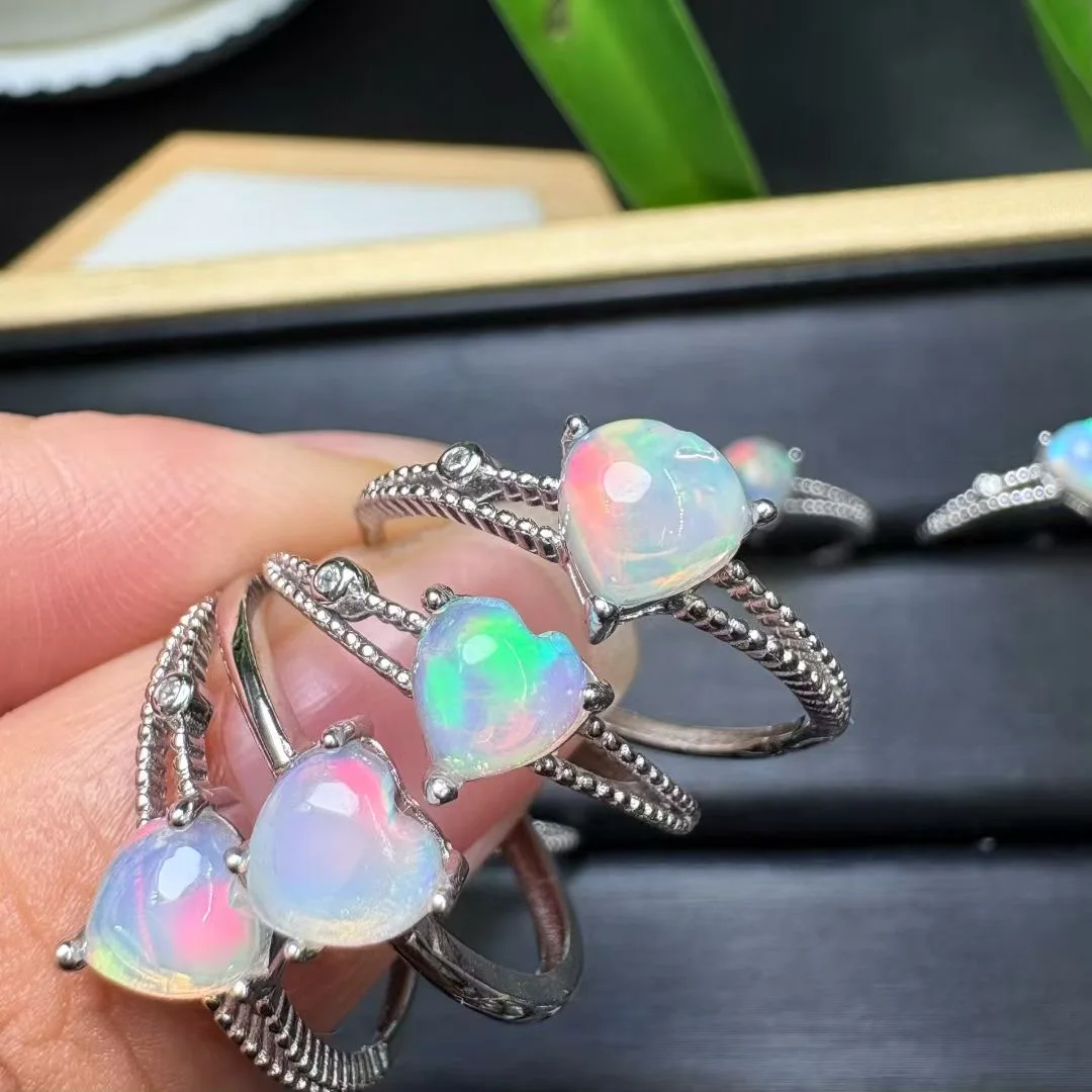 

1 Pc Fengbaowu Natural Colorful Opal Heart Ring Cabochon 925 Sterling Silver Reiki Healing Stone Jewelry Gift