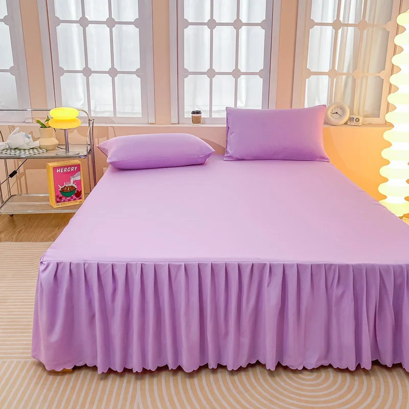 Solid Color Bed Skirt Microfiber Bed Sheet Set (1 Elastic Wrap Around Bedskirt & 2 Pillowcase) 3 Side Coverage Dust Ruffle Sheet