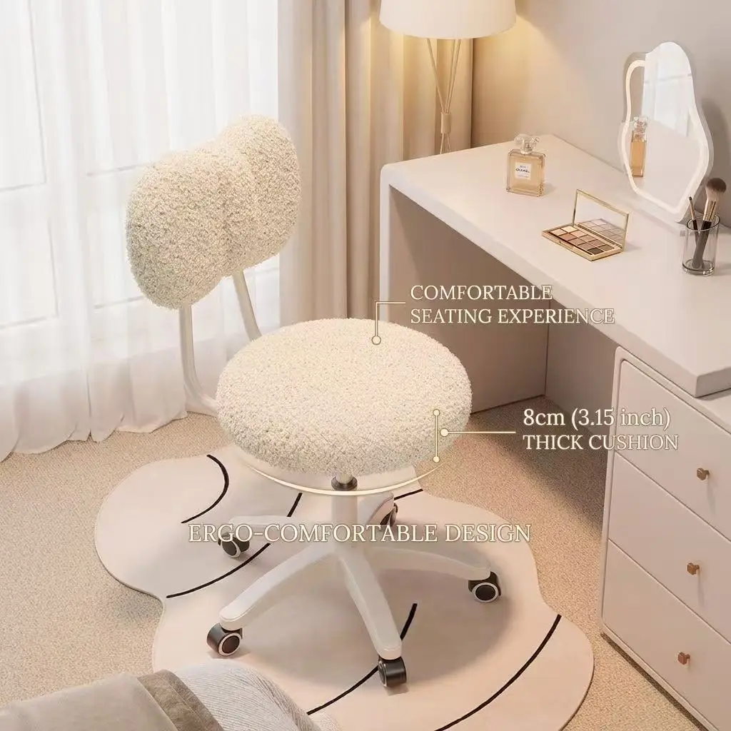 Cute Boucle Swivel Office Chair 360° Rotating Adjustable Height Ergonomic Vanity Desk Chair with Wheels for Home Bedroom Study view 6