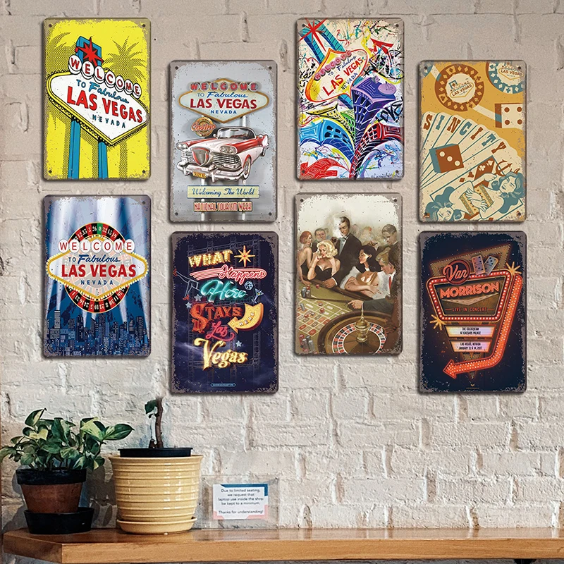 Plaque Tôle Rétro Las Vegas – Décoration Murale 3D Acier Gaufré 30x20 Cm – Style Casino Poker Fans USA