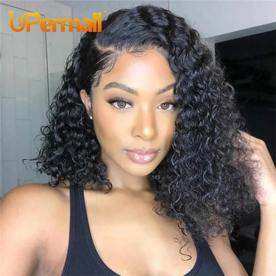 Upermall Short Bob Wig Lace Front Human Hair Wigs For Black Women Deep Wave HD Transparent 13x4 Frontal 4x4 Closure Wig Curly