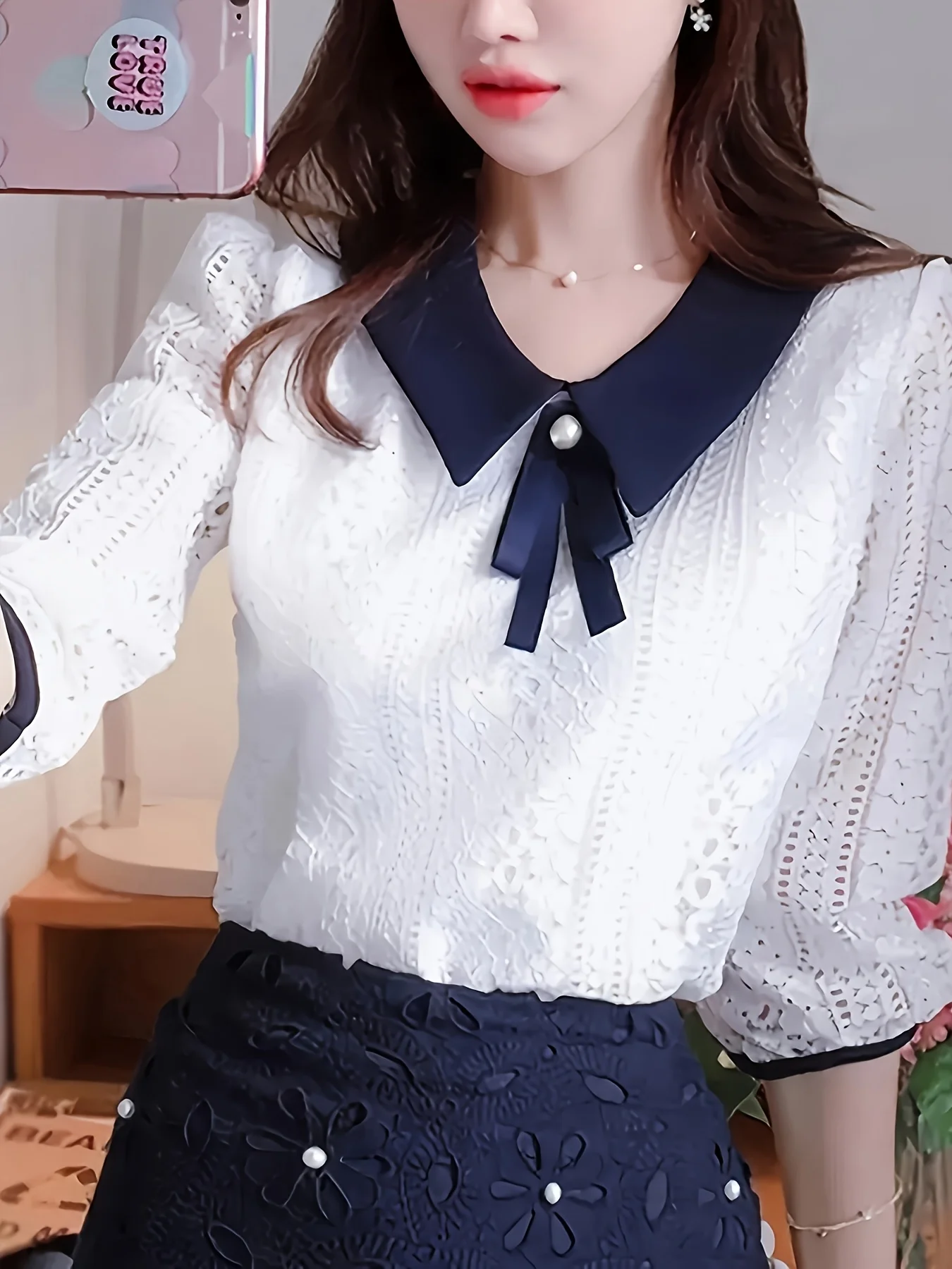 

Женские блузки и рубашки в весенне-осеннем стиле с кружевом, повседневные, с рукавом три четверти, с воротником Питер Пэн