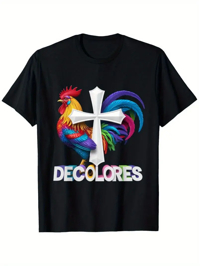Catholic T-Shirt Featuring Colorful Rainbow Rooster Design From Decolores Cursillo Crew Neck Casual Wear Gift Plus Size For Men