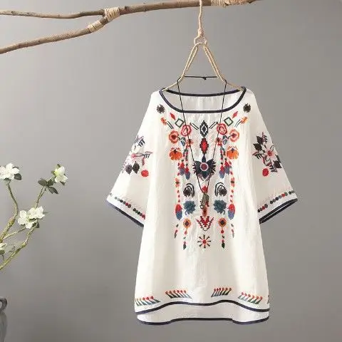 New Women O Neck Short Sleeve Embroidered T Shirt Casual Loose T-Shirts Cotton Linen Irregular Top Summer Clothes For Women