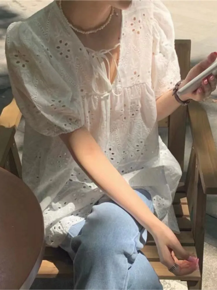 Summer Hollow Out Lace Top Shirt Women Fashion V Neck Short Sleeve White Office Casual Tops Shirts New Female Blouse