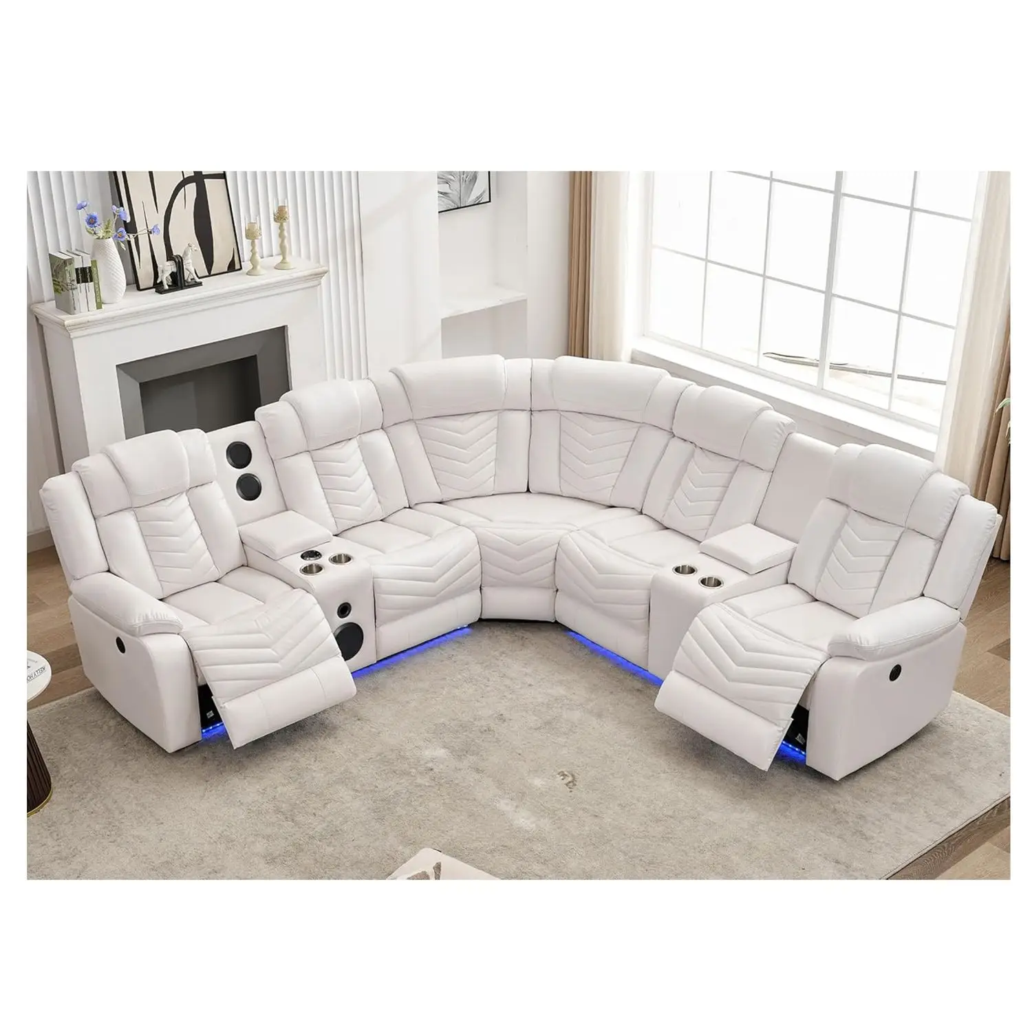 

Electric Power Recliner Sectional Sofa With Bass Speakers & LED Lights – Faux Leather L-Shaped Corner Couches For Living Room