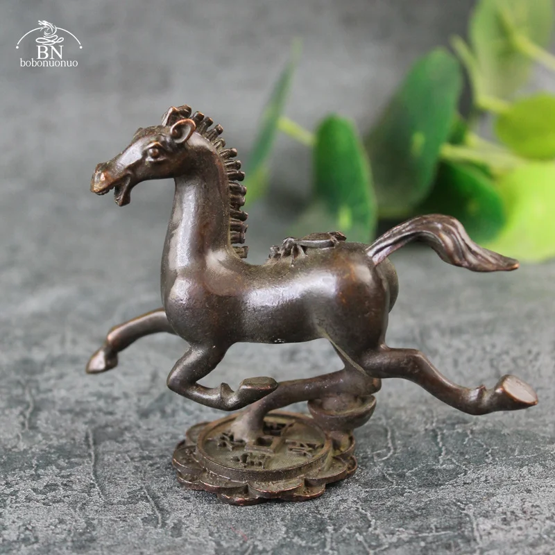 Antique Copper Running Horse Fly Statue Lucky Home Decoration Crafts Vintage Animal Figurines Miniatures Feng Shui Desk Ornament
