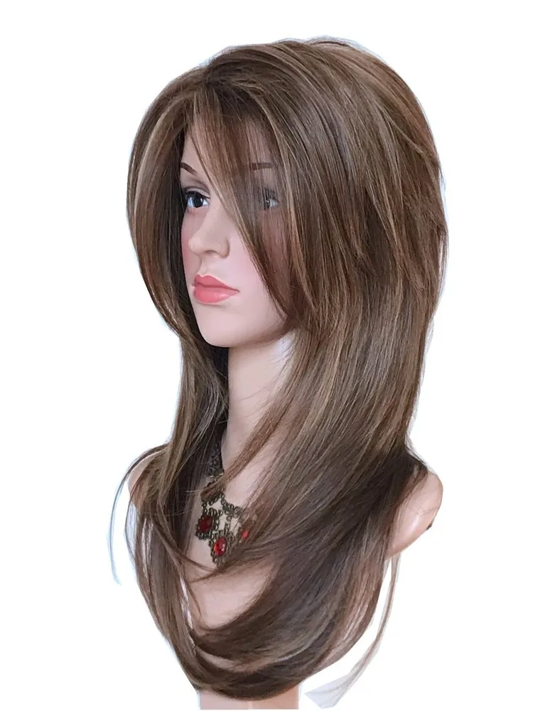 Peruca longa em camadas castanho claro com loiro Peruca cor balayage com marrom com b...