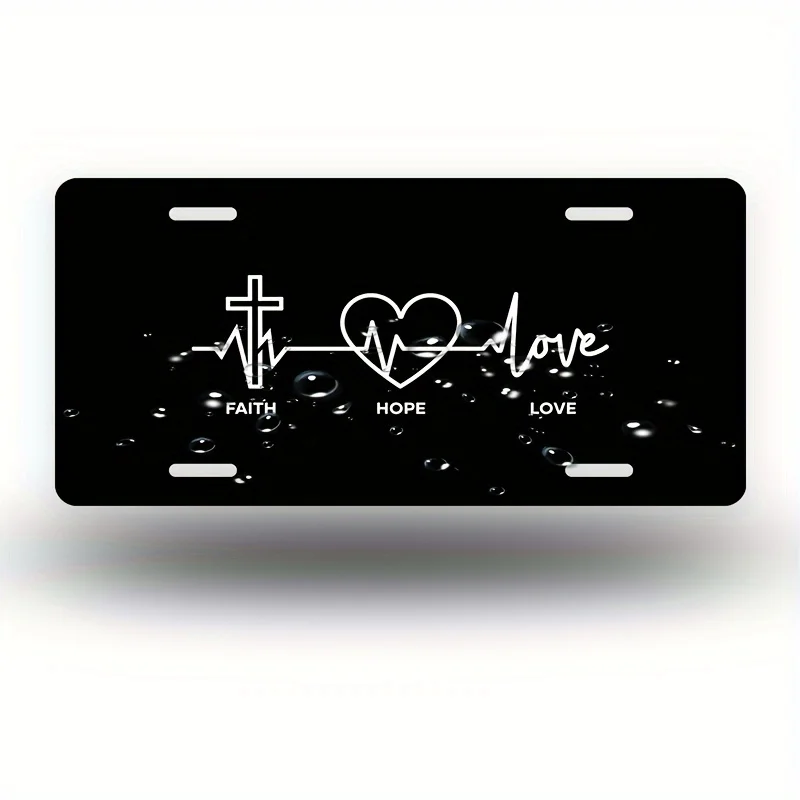 Boho Style Aluminum Faith Hope Love Cross Heartbeat License Plate, Polished Finish, Standard Size 6x12 Inches, for Men, Women, B