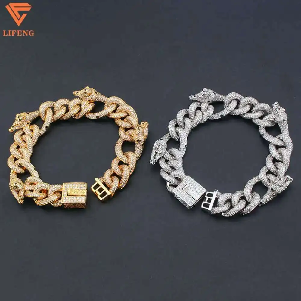 

Fashion Hip Hop Jewelry 20mm Bangles Full Iced Out Panther Design 925 Silver Vvs Moissanite Cuban Chain Bracelet for Men