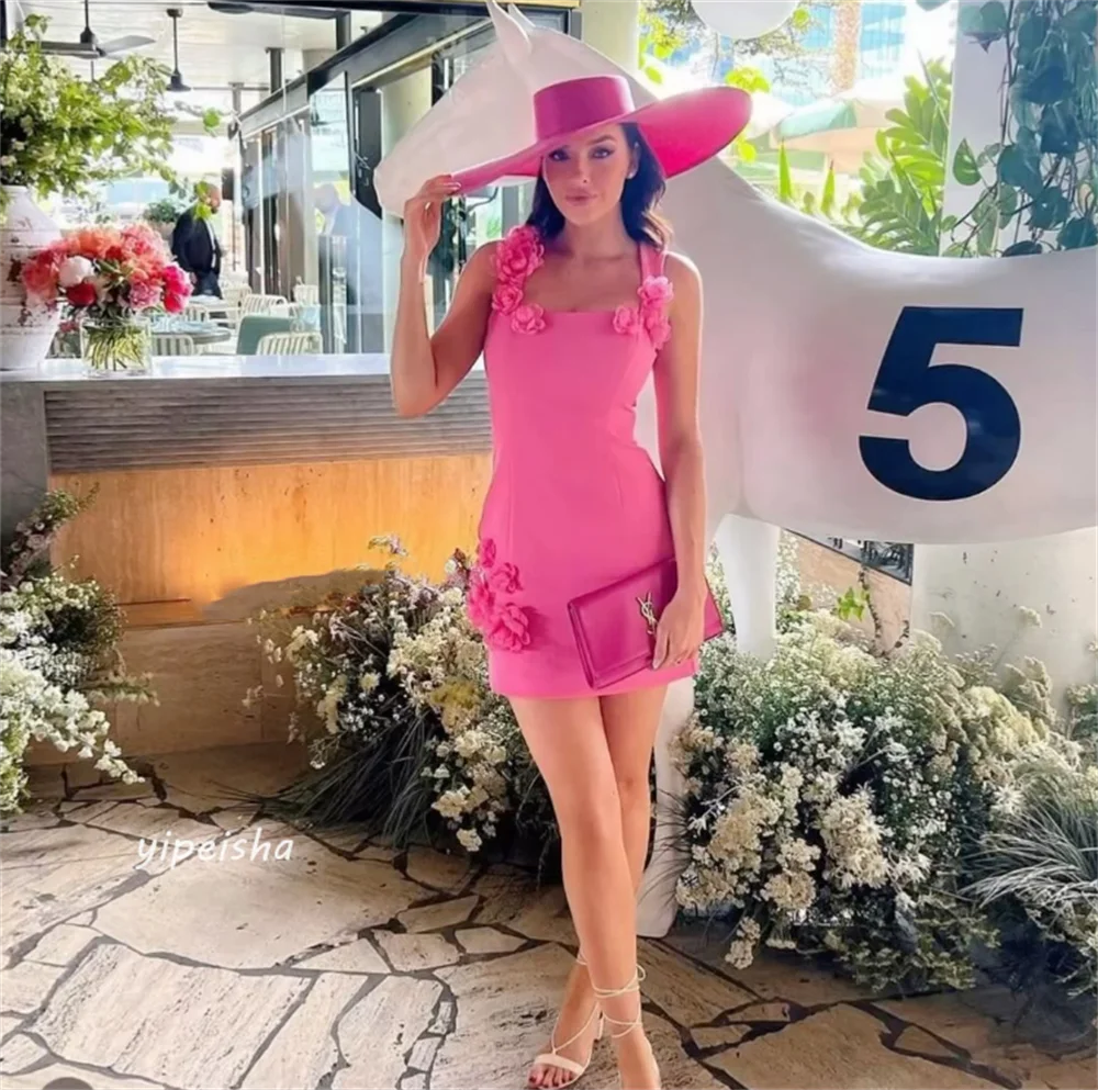 Vestido de compromiso plisado de flores de Jersey, cuello cuadrado a medida, vestidos cortos para ocasiones