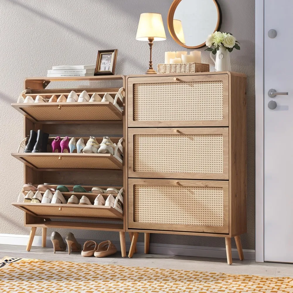 Rattan Shoe Cabinet with 3 Flip Drawers Set of 2, 48 Pairs Shoe Storage for Entryway Freestanding Hidden Shoe Rack