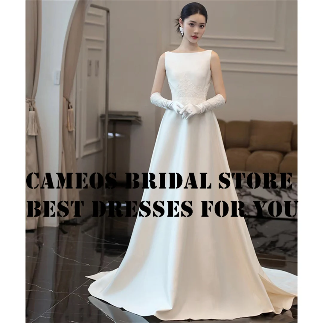 

SONDR Custom Made Sleeveless Boat Neck Wedding Dresses Korea Open Back Satin A-Line Simple Brides Gowns Women Bridal Dresses