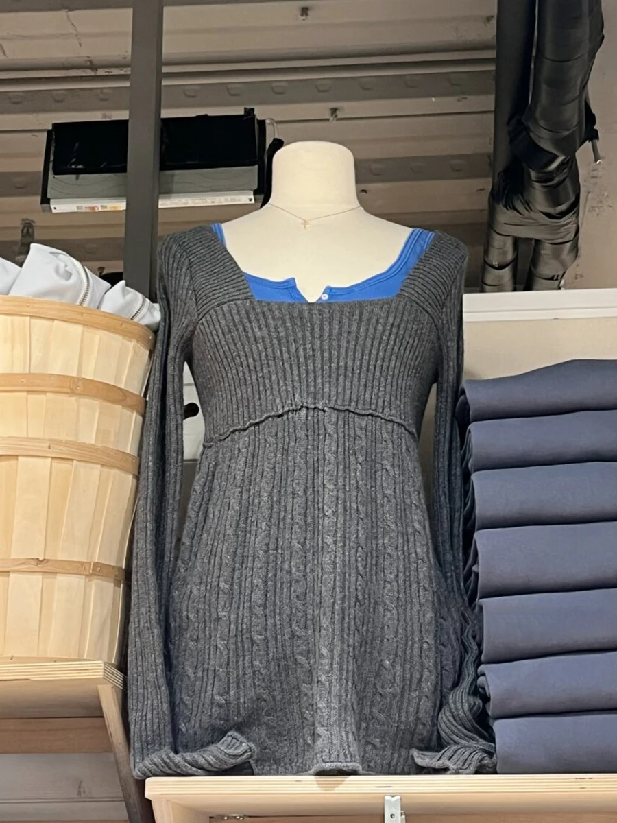 

New Twisted Flower Knitted Sweater Woman Square Neck Long Sleeve Slim Pullover Tops Spring Sweet Preppy Style Dark Grey Sweaters