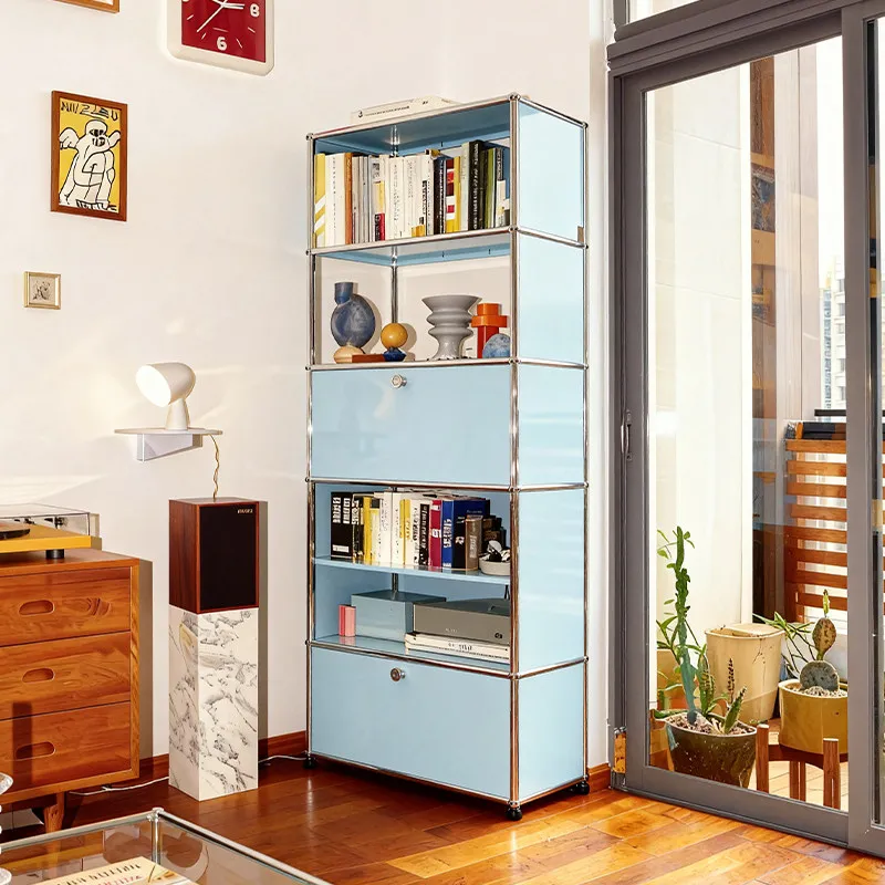 Stainless steel bookcase, antique living room floor-to-wall integrated module vertical cabinet