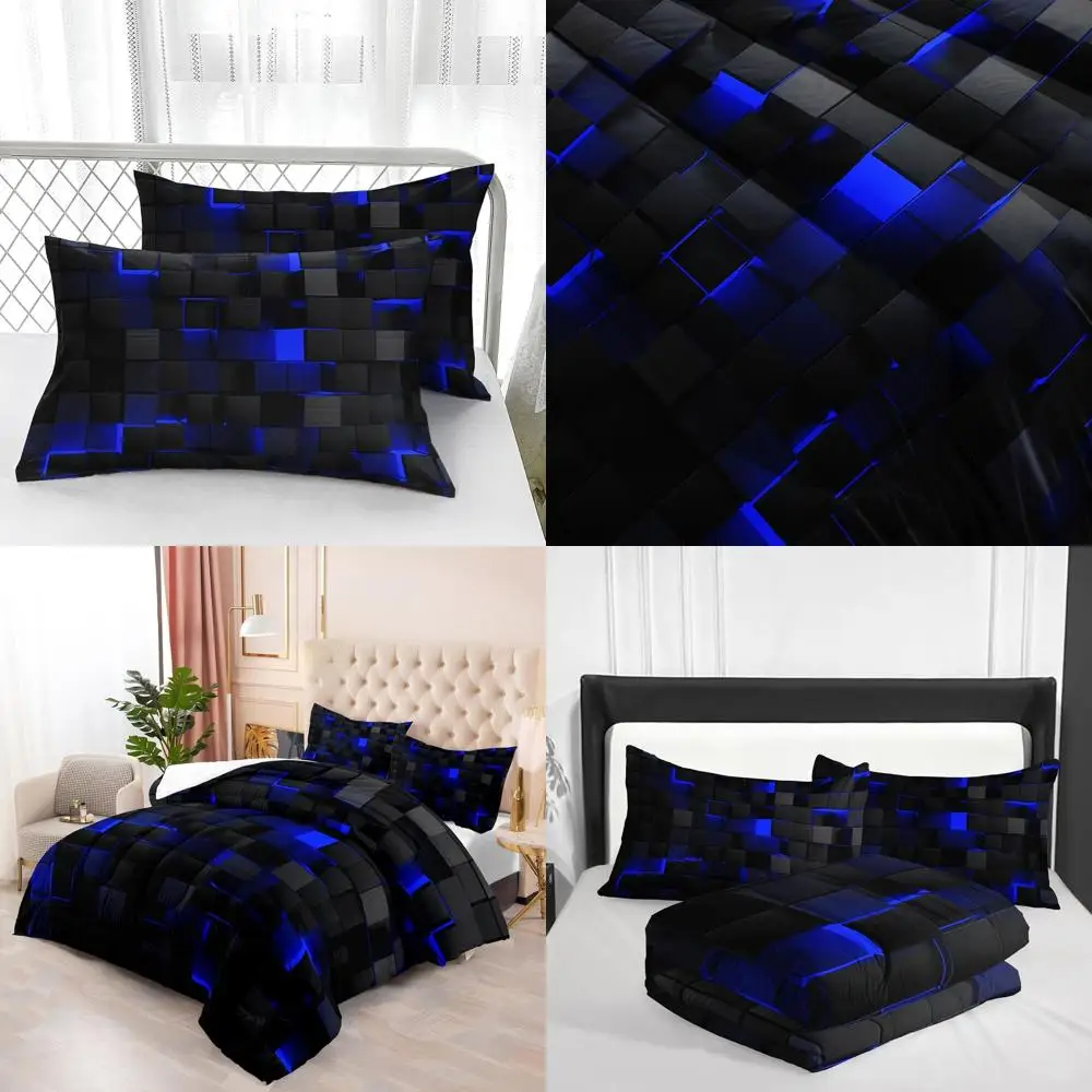 

Modern Geometric Blue & Black Quilt Set, 3-Piece Honeycomb Pattern Bedding for King Size, Suitable for Teen Boys, Lightweight Mi