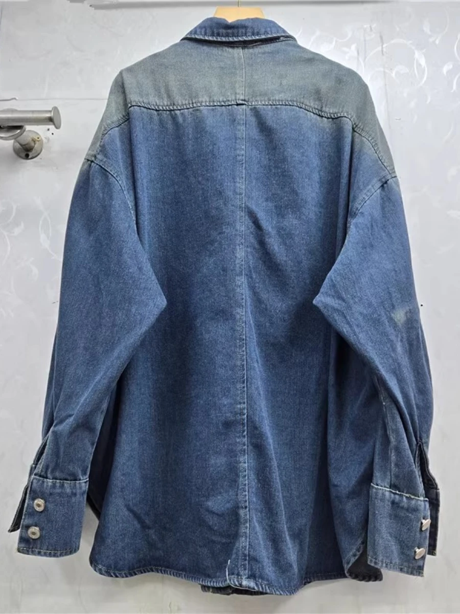 GALCAUR Blue Spliced Buttons Chic Jacket Female Lapel Long Sleeve Loose Design Vintage Women's Jackets Autumn Fashion Style New