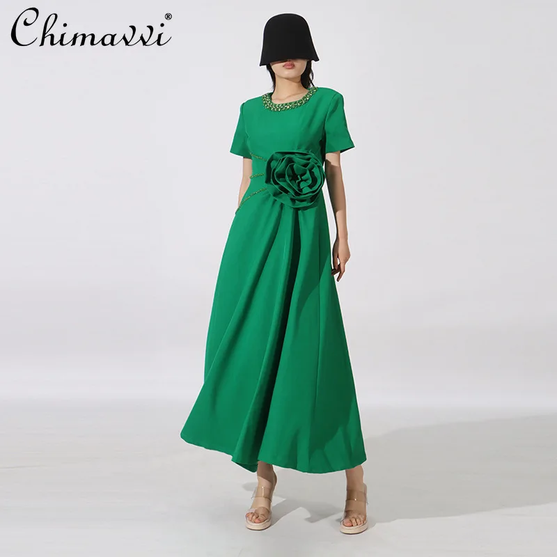 

French Elegant Temperament Evening Dresses Heavy Industry Diamond 3D Flower Round Neck Short Sleeve High Waist Long Dress Women
