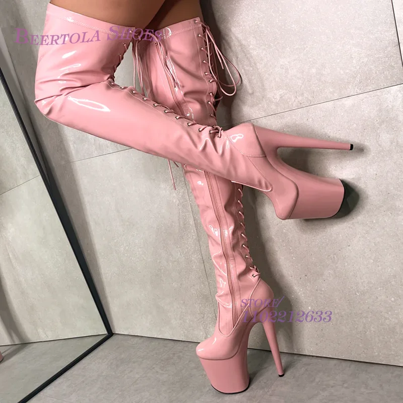 Woman Back Cross Strap Pink Leather Boots Platform Stiletto Heel Zip Round Toe Winter Boots Sexy Sweet Nightclub Pole Dance Shoe