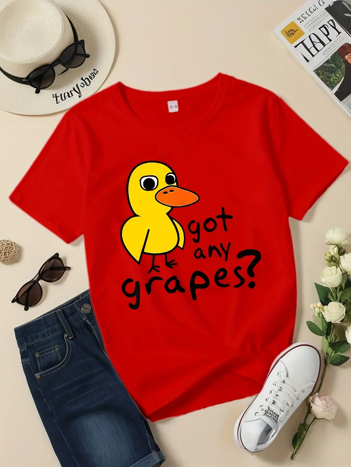 Funny Duck Got Any Grapes Print Kids Short Sleeve T Shirt Cute Cartoon Duck Graphic Toddler Boys Girls Casual Summer Tee Top