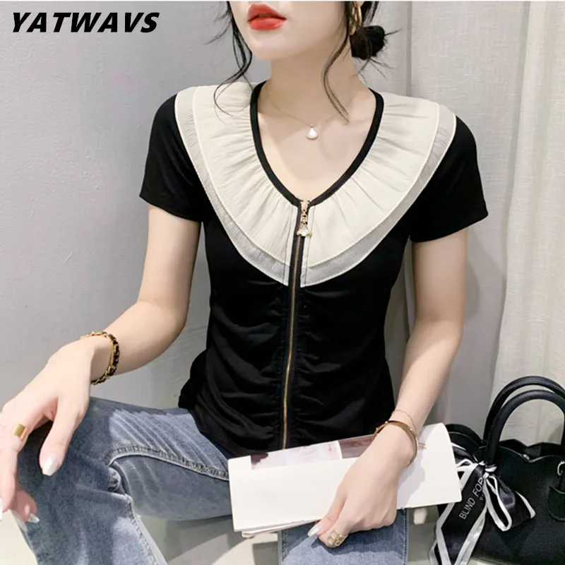 

New Fashion Summer Short Sleeved Women's T-Shirt Sweet Peter Pan Collar Ziper Tees Elegant Chic Design Slim Female Tops Blouse