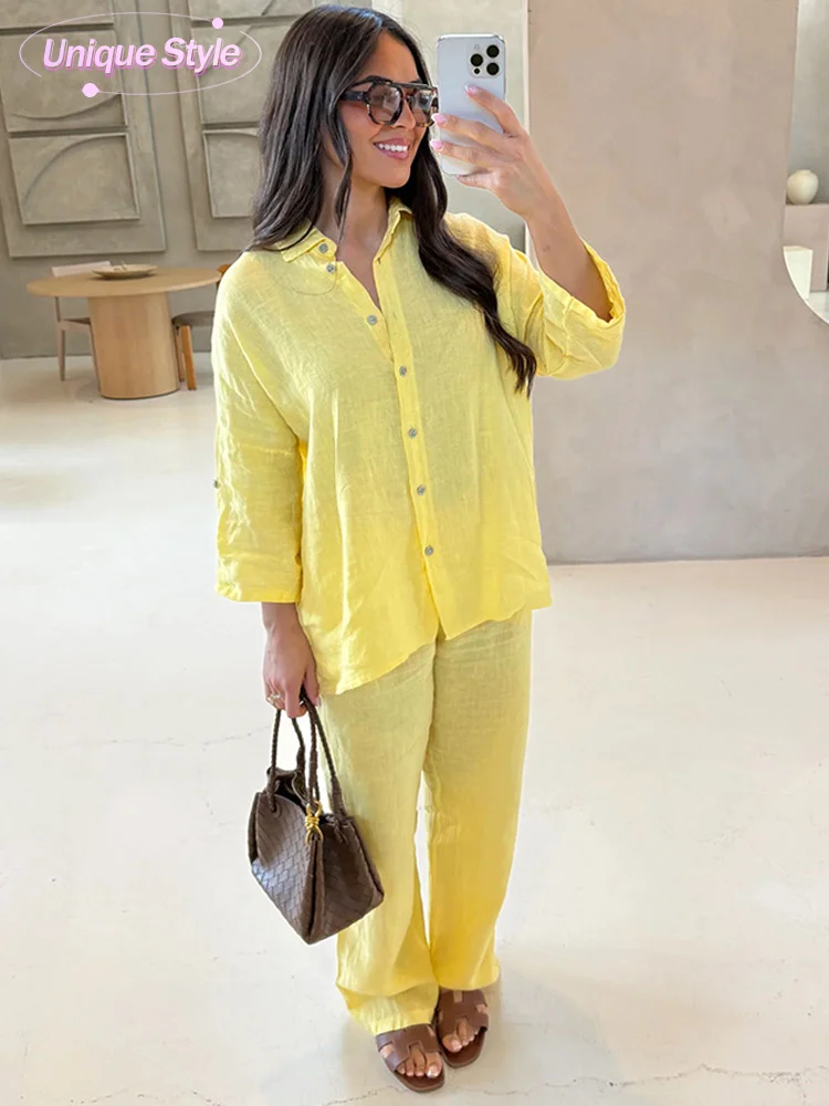Women Chic Butter Yellow Loose Pants Set Casual Cotton Linen Lapel Long Sleeved Shirt Suit 2025 Summer Ladies Fashion Streetwear